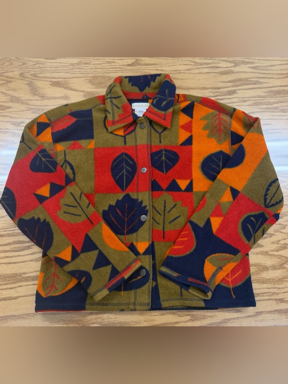 Vintage Sigrid Olsen Sport Fleece Button Up Jacket Leaf Print Orange M